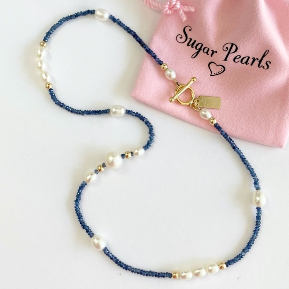 Sugar Pearls Jewelry - Freshwater Pearl, Sapphire & 14K Gold Necklace